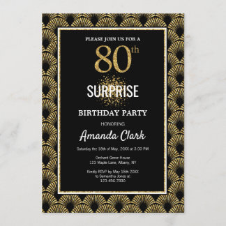 Gold Glitzer auf Black Surprise 80. Geburtstag Einladung