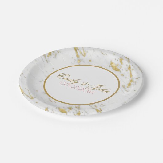 Gold-Glitzer aus weißem Marmor - Save the Date Pappteller (Schrägansicht)