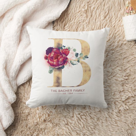 Gold Glitzer B Monogram Floral Burgund Red Kissen (Decke)