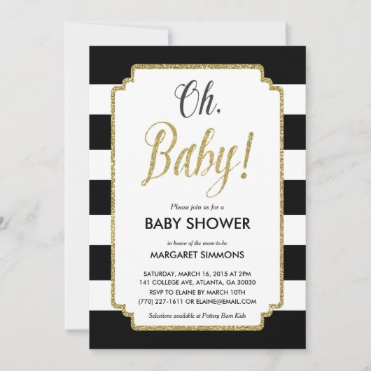 Gold Glitzer Baby Shower Einladung, Black & Gold Einladung (Vorderseite)