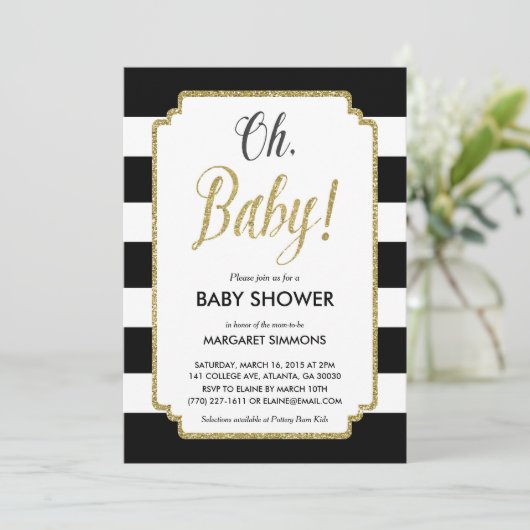 Gold Glitzer Baby Shower Einladung, Black & Gold Einladung (Stehend Vorderseite)
