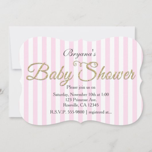 Gold Glitzer BABY SHOWER Pink gestreift Einladunge Einladung (Vorderseite)