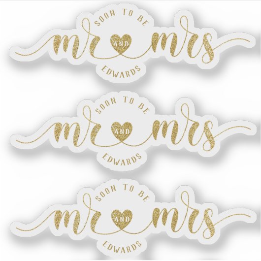 Gold Glitzer bald Mr. and Mrs. Polterabend Aufkleber (Vorderseite)