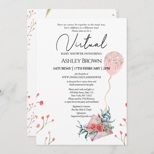 Gold Glitzer Ballon Pink Blütendusche Einladung (Vorne/Hinten)