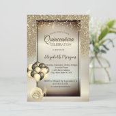 Gold-Glitzer, Ballons, Hochtouren, Quinceanera Einladung (Stehend Vorderseite)