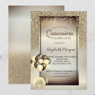 Gold-Glitzer, Ballons, Hochtouren, Quinceanera Einladung