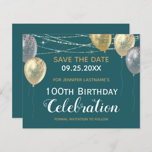 Gold Glitzer Balloons 100. Geburtstag Save the Dat (Vorne/Hinten)