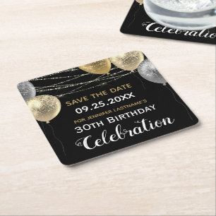 Gold Glitzer Balloons 30. Geburtstag Save the Date Rechteckiger Pappuntersetzer