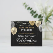 Gold Glitzer Balloons 90. Geburtstag Save the Date (Stehend Vorderseite)