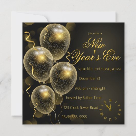 Gold Glitzer Balloons Black New Year's Eve Party Einladung (Vorderseite)