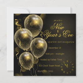 Gold Glitzer Balloons Black New Year's Eve Party Einladung