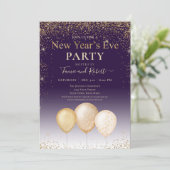 Gold Glitzer Balloons Lila Silvester Party Einladung (Stehend Vorderseite)