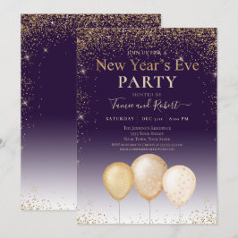 Gold Glitzer Balloons Lila Silvester Party Einladung