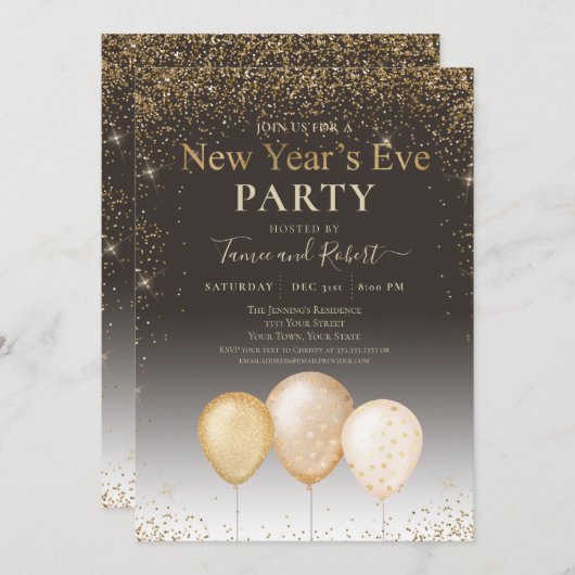 Gold Glitzer Balloons Taupe Silvester Party Einladung (Vorne/Hinten)