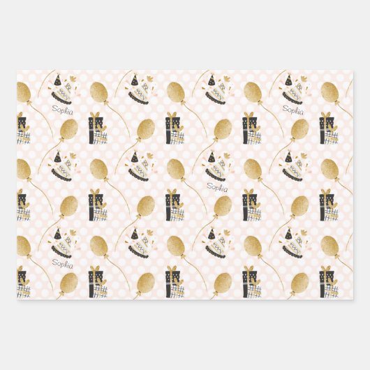 Gold Glitzer Balloons und Party Hats Kindergeburts Geschenkpapier Set (Vorderseite)