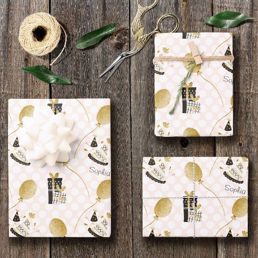 Gold Glitzer Balloons und Party Hats Kindergeburts Geschenkpapier Set