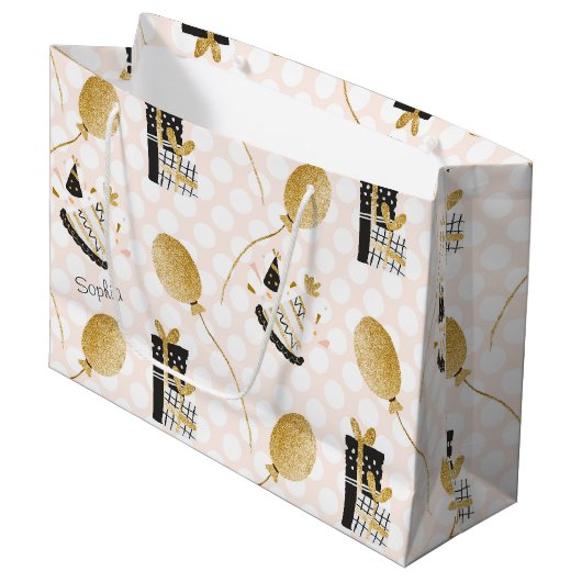 Gold Glitzer Balloons und Party Hats Kindergeburts Große Geschenktüte (Vorderseite Schrägansicht)