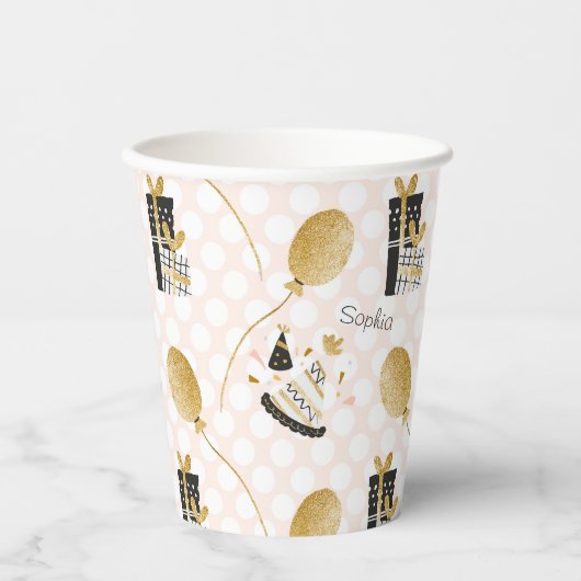 Gold Glitzer Balloons und Party Hats Kindergeburts Pappbecher (Vorderseite)