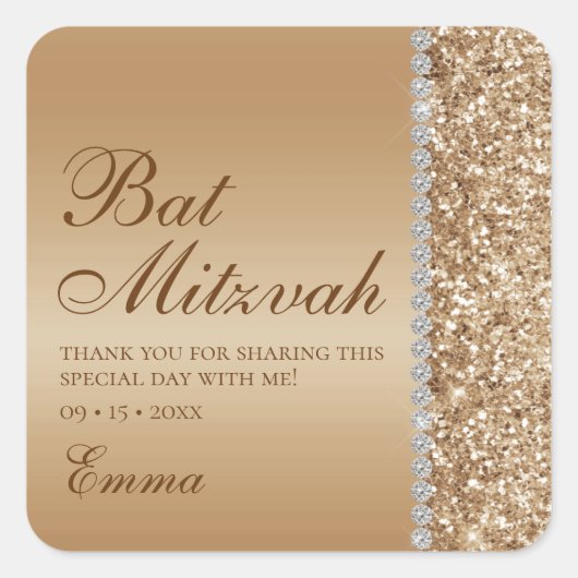 Gold Glitzer Bat Mitzvah Quadratischer Aufkleber (Vorderseite)