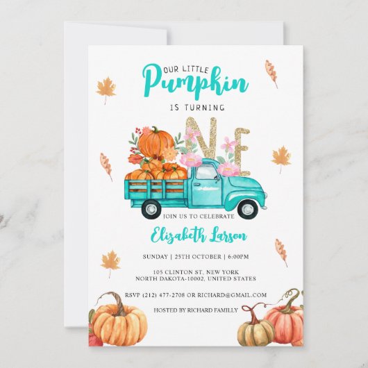 Gold Glitzer Birthday Pumpkin Blue Truck Thema Einladung (Vorderseite)