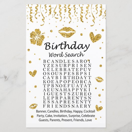 Gold Glitzer Birthday Word Search Game (Vorderseite)
