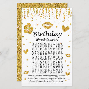 Gold Glitzer Birthday Word Search Game