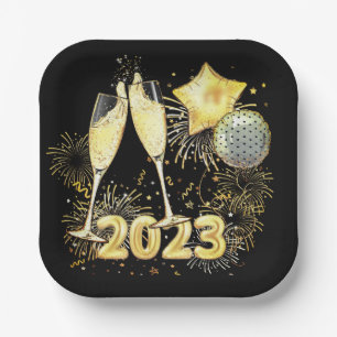 Gold Glitzer Black 2023 Silvester Party Pappteller