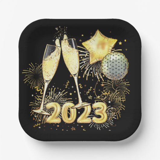 Gold Glitzer Black 2023 Silvester Party Pappteller (Vorderseite)