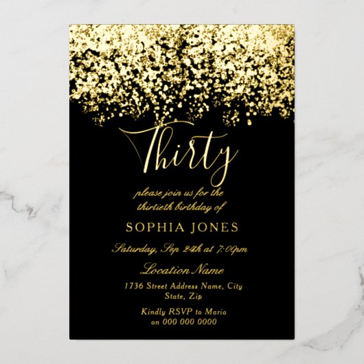 Gold Glitzer Black 30. Geburtstag Party Gold Folieneinladung (Vorderseite)