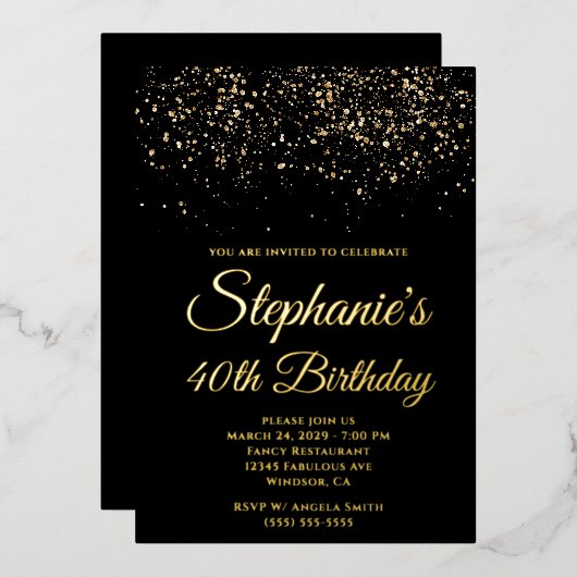 Gold Glitzer Black 40. Geburtstag Folieneinladung (Vorderseite/Rückseite)