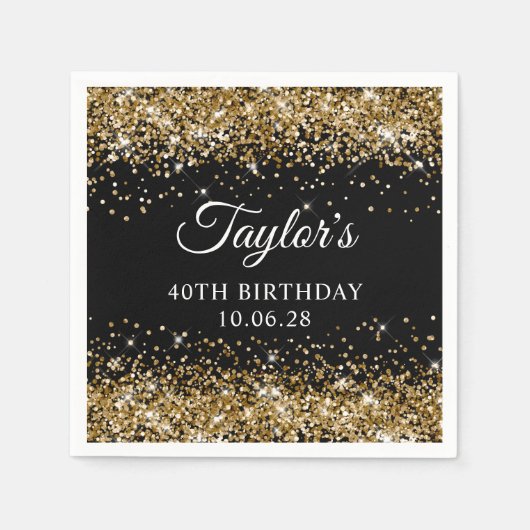 Gold Glitzer Black 40. Geburtstag Serviette (Vorderseite)
