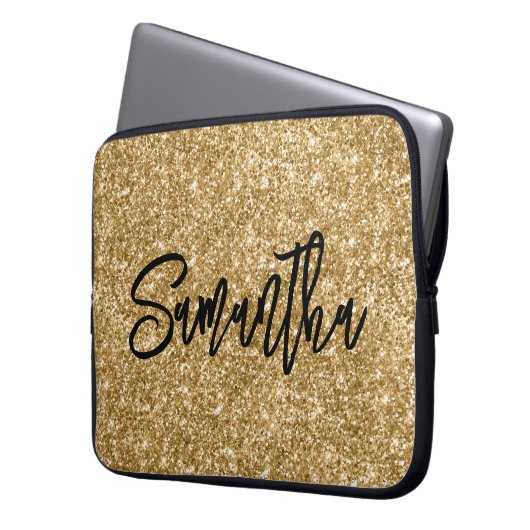 Gold Glitzer Black Brush Script Laptopschutzhülle (Vorderseite Links)