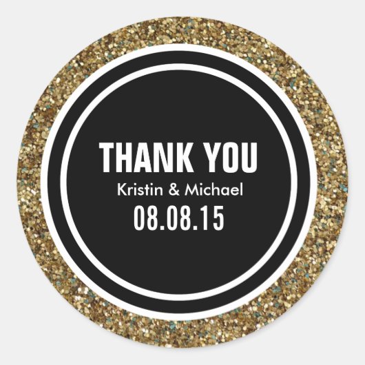 Gold Glitzer & Black Custom Dankeschön Label Runder Aufkleber (Vorderseite)