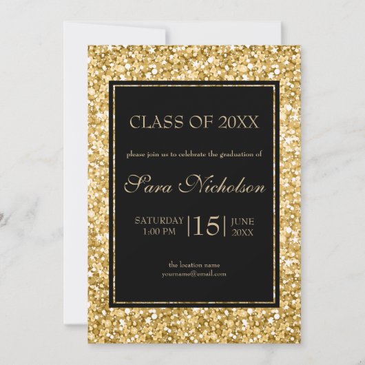 Gold Glitzer Black Frame Abschluss Einladung (Vorderseite)