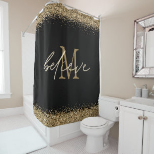 Gold Glitzer Black Glauve Script Monogram Duschvorhang