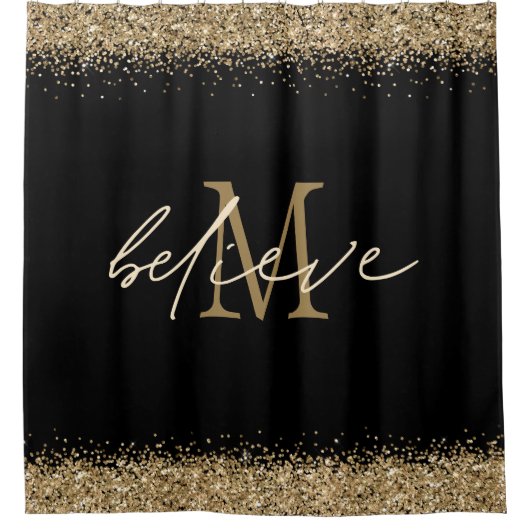 Gold Glitzer Black Glauve Script Monogram Duschvorhang (Vorderseite)