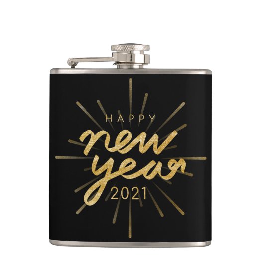 Gold Glitzer Black Happy New Year 2021 Flask Flachmann (Vorderseite)