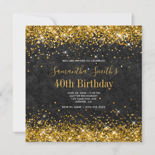 Gold Glitzer Black Leather 40. Geburtstag Einladung (Vorderseite)