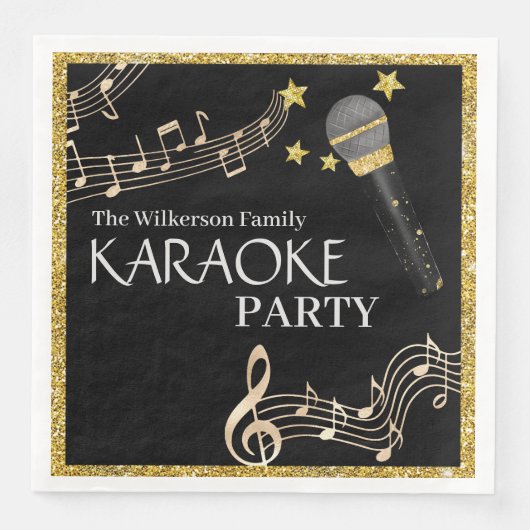 Gold Glitzer Black Microphone Music Karaoke Party Serviette (Vorderseite)