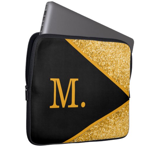 Gold Glitzer Black Monogram Laptopschutzhülle (Vorne Rechts)