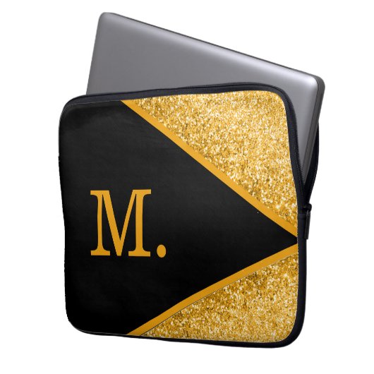 Gold Glitzer Black Monogram Laptopschutzhülle (Vorderseite Links)