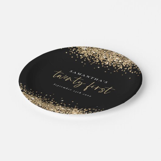 Gold Glitzer Black Name Datum 21. Party Pappteller (Schrägansicht)