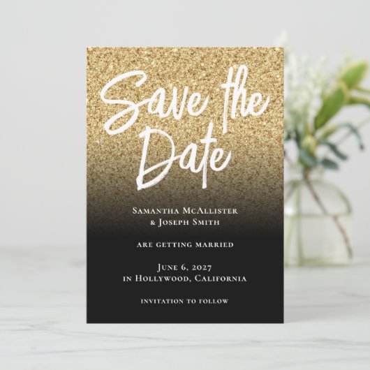 Gold Glitzer Black Ombre Save The Date (Stehend Vorderseite)