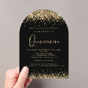 Gold Glitzer Black Quinceanera Geburtstagsparty Acryleinladungen