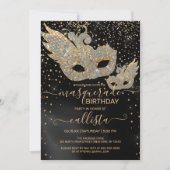 Gold Glitzer Black Silk Masquerade Birthday Invita Einladung (Vorderseite)