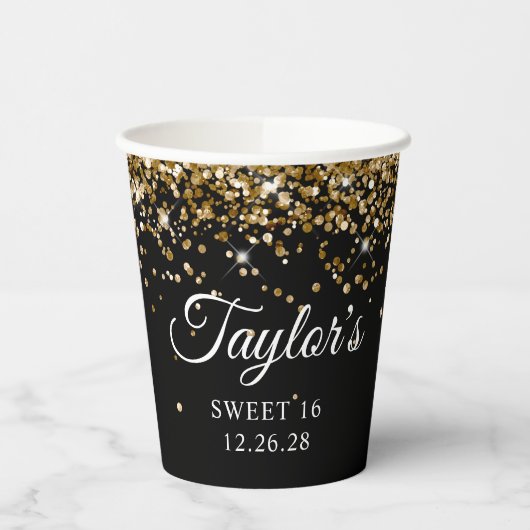Gold Glitzer Black Sweet 16 Pappbecher (Links)