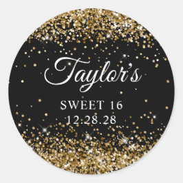 Gold Glitzer Black Sweet 16 Runder Aufkleber