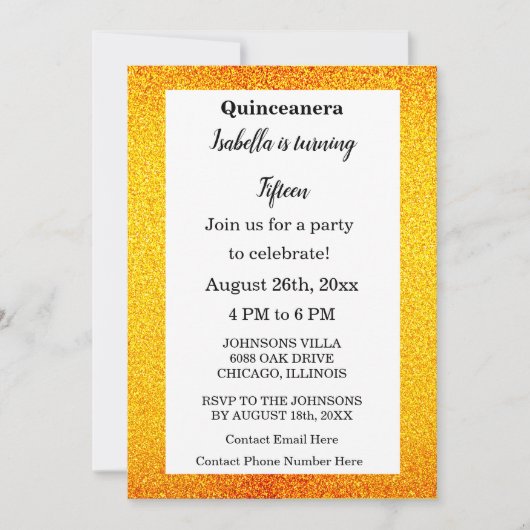 Gold Glitzer Black Text Quinceanera 15. Geburtstag Einladung (Vorderseite)