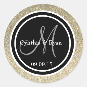 Gold Glitzer & Black Wedding Monogram Siegel Runder Aufkleber