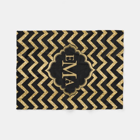 Gold Glitzer Black Zickzack Zigzag Muster Monogram Fleecedecke (Vorderseite (Horizontal))